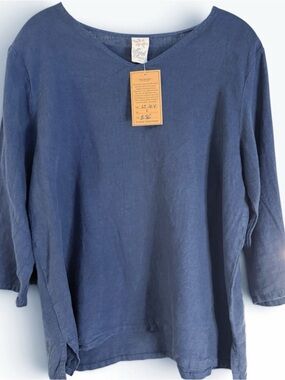 Match Point La FIXSUN Women's Navy Blue V-Neck Linen 3/4 Sleeve Top Sz L NWT